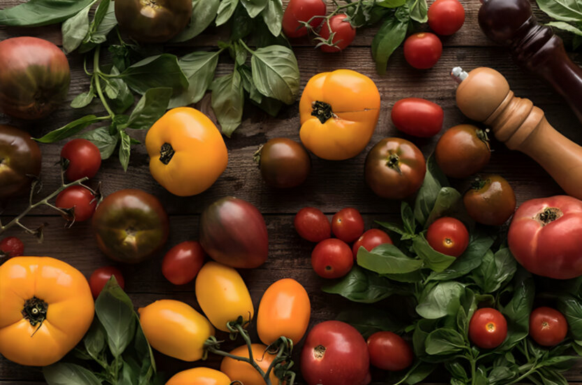 Green and red tomatoes bought on the market