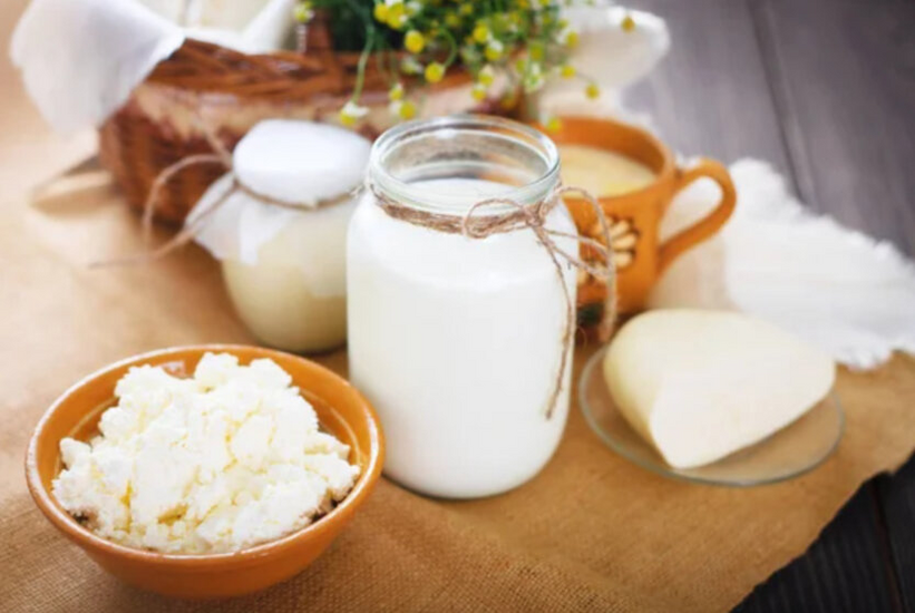 Milk, cheese, butter on the shelf